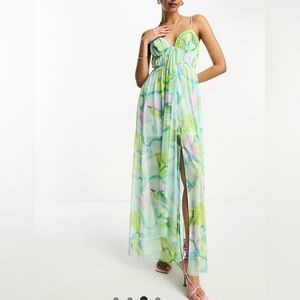 Cami Mesh Vibrant Multicolor Maxi Dress with Sash in blue smudge floral print